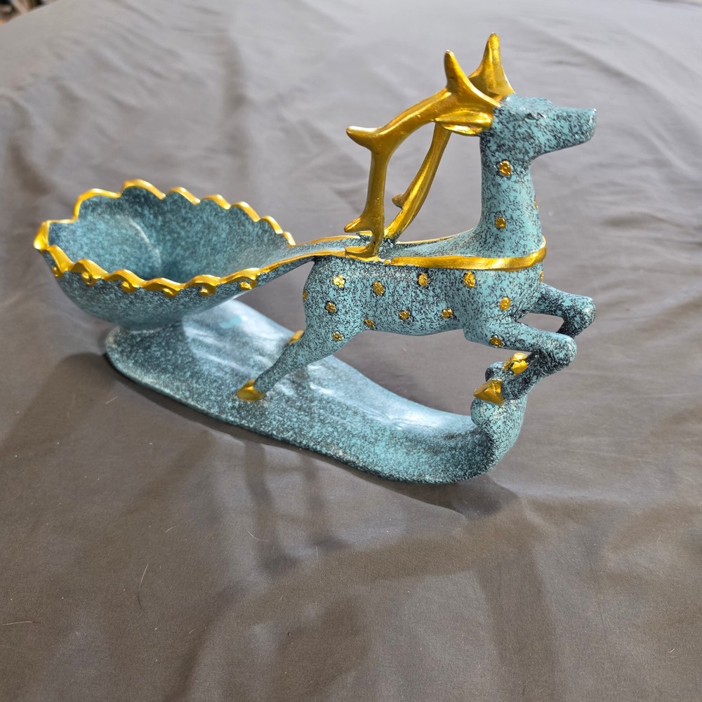 Blue and Gold Reindeer Figurine with Integrated Catchall Bowl Decorative Accent